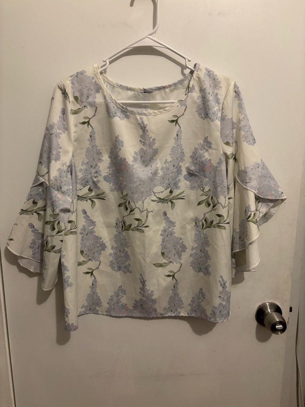 Light Blue Floral Ruffle Sleeve Blouse - Cream/Light Blue